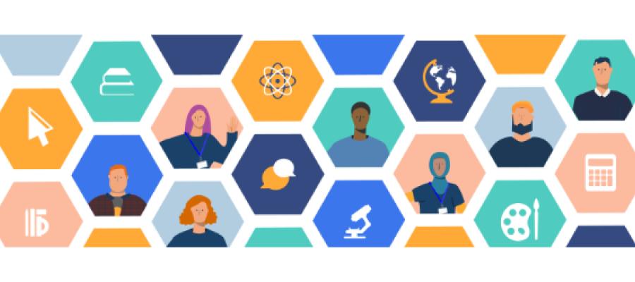 Illustrated banner formed of hexagons with images inside