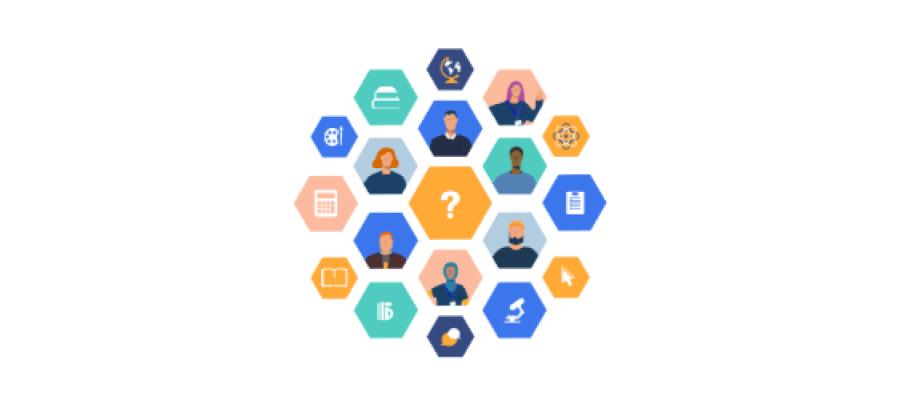 Circle formed of hexagons with icons inside and question mark in middle