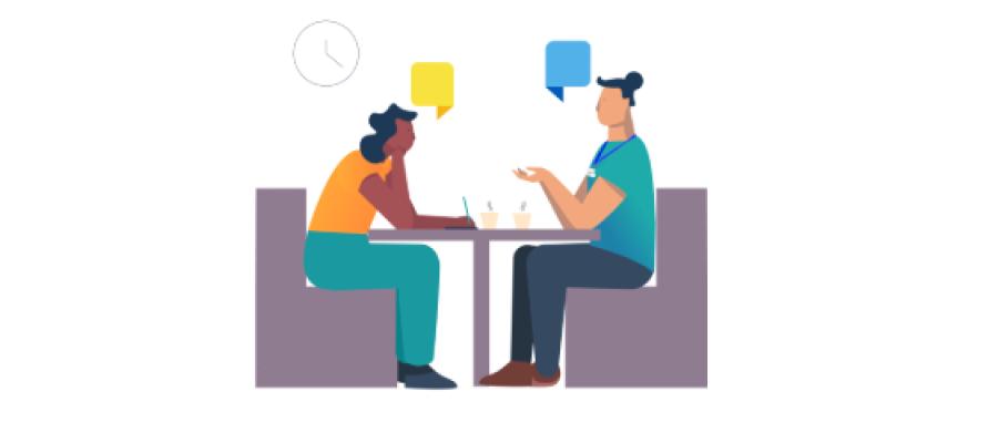 Illustration of a pupil and LEAPS advisor sitting at a table having a conversation