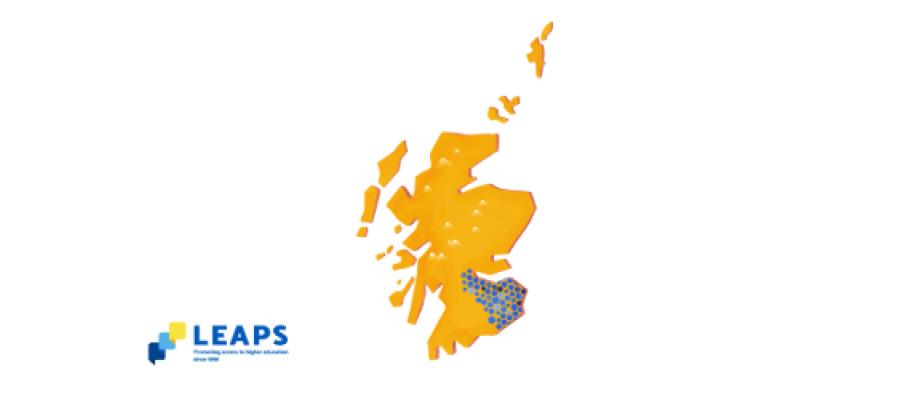 LEAPS logo alongside illustrated map of Scotland with South East highlighted